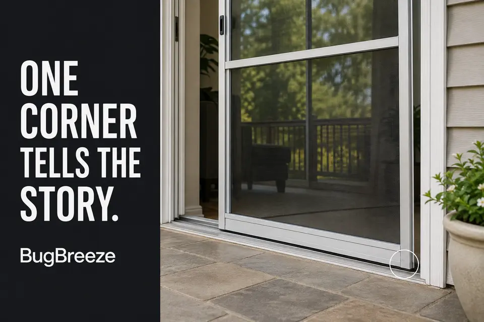 Sliding screen door dragging at one lower corner while the opposite corner remains supported.