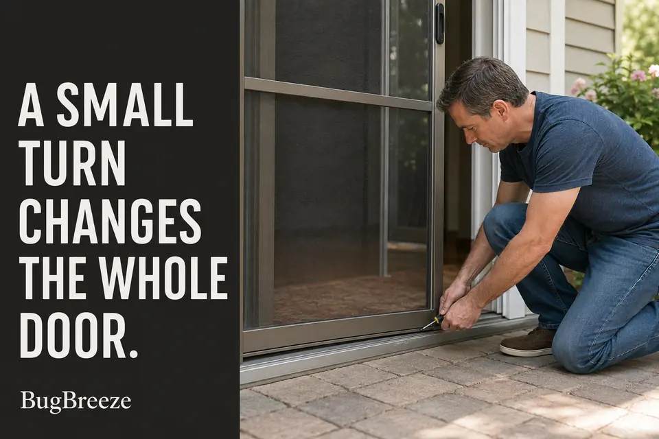 Homeowner preparing to make a small roller-height adjustment on an intact sliding screen door.