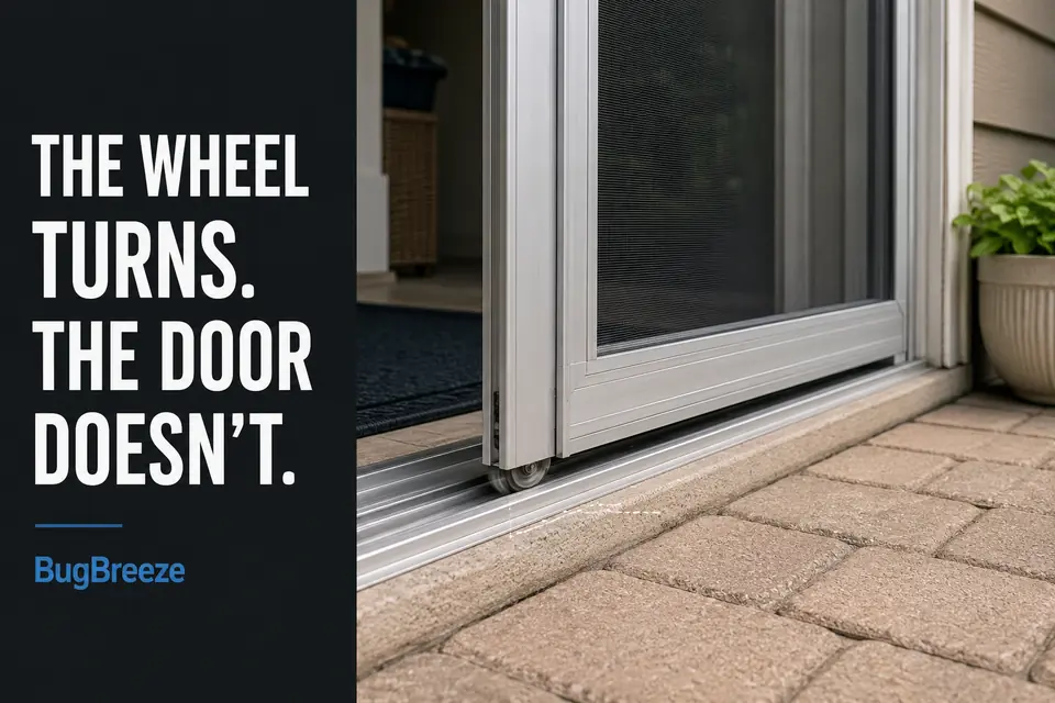 Sliding screen door roller turning without carrying the door along the lower track.