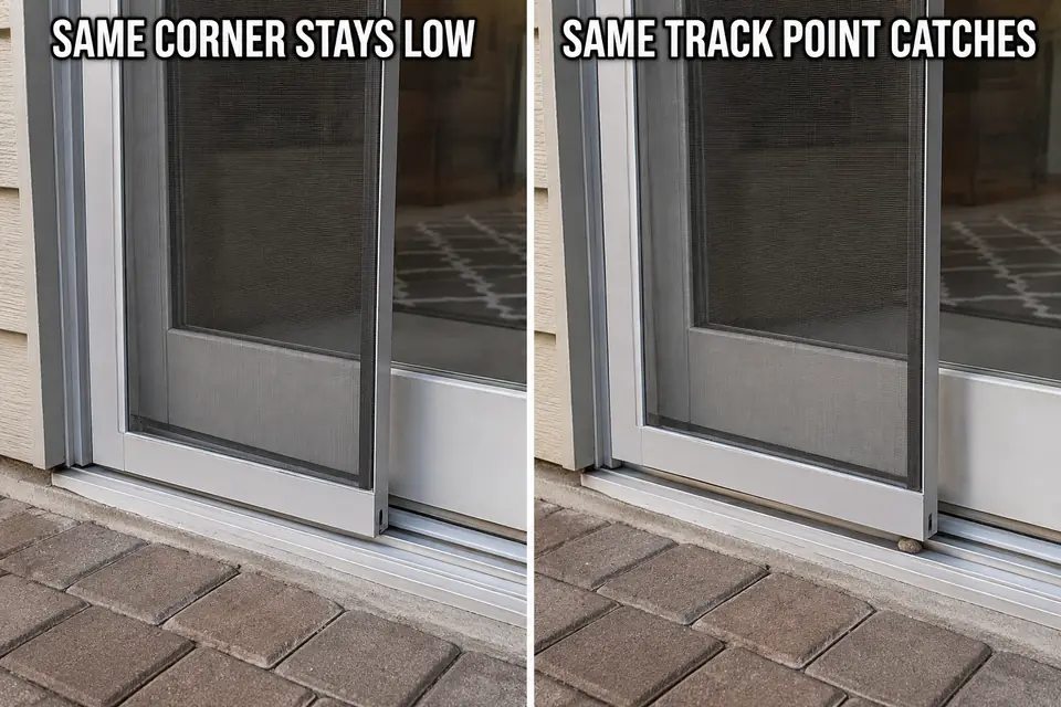 Screen door corner staying low compared with a door catching at one fixed track location.
