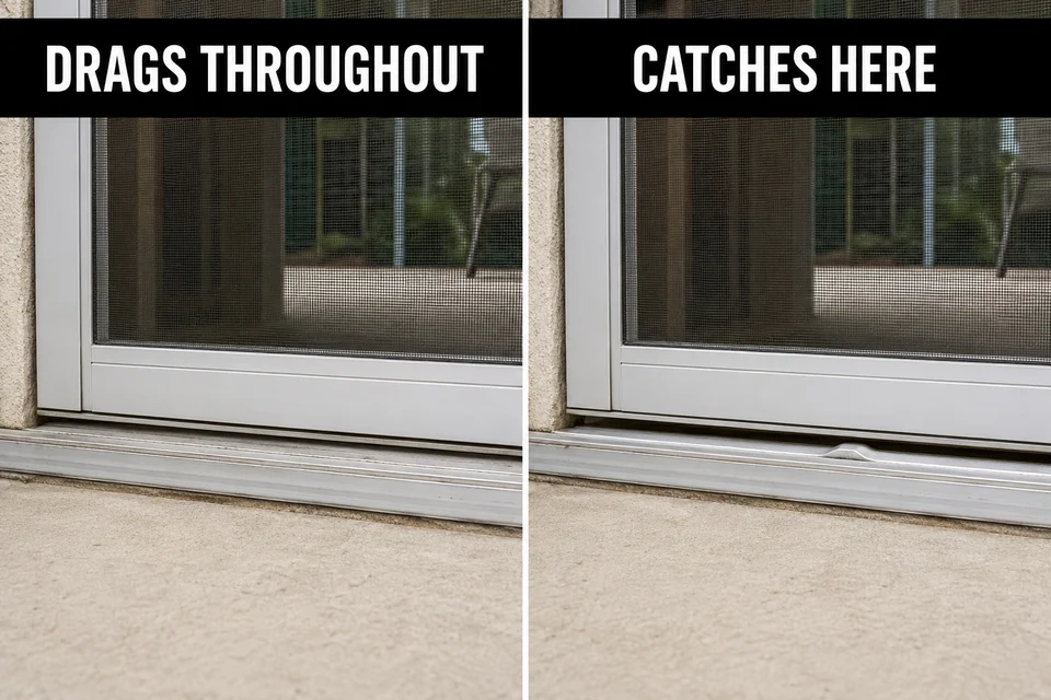 Screen door dragging along the full track compared with one catching at a localized track defect.