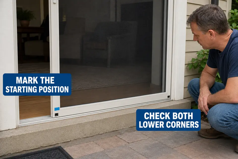 Both lower screen-door corners checked with removable tape marking the starting height.