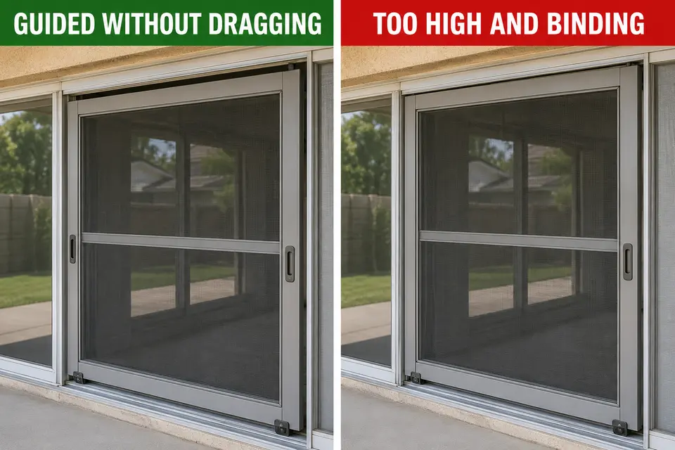 Balanced screen-door height compared with a door raised high enough to bind in the upper guide.