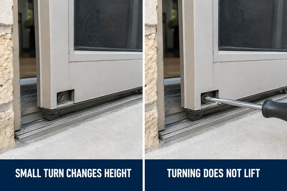 Screen door comparison showing one roller adjustment lifting the corner while another screw turns without changing door height.