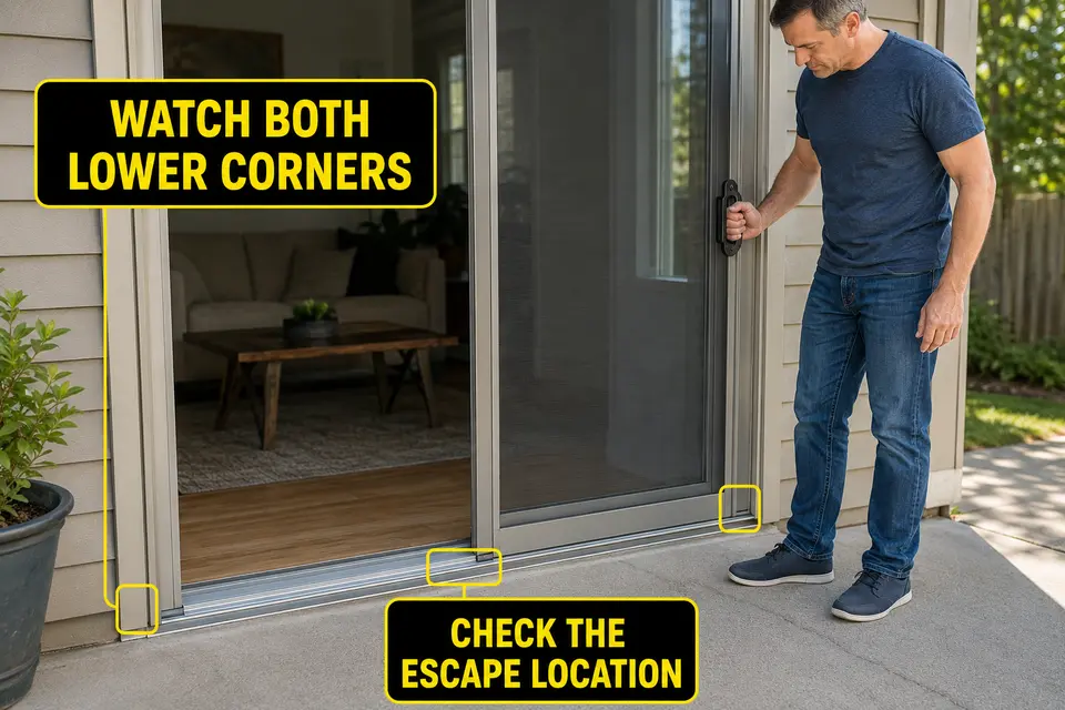 Homeowner checking both lower corners and the escape location of an installed sliding screen door.