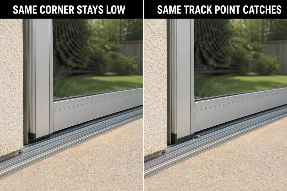 Homeowner observing where one lower corner of an installed sliding screen door contacts the track.