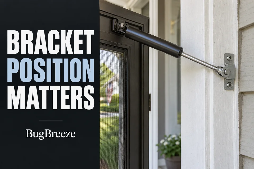 Installed screen-door closer with a straight rod and jamb bracket seated against the painted door frame.