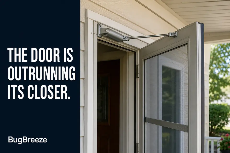 Hinged screen door closing dangerously fast despite its installed pneumatic closer.