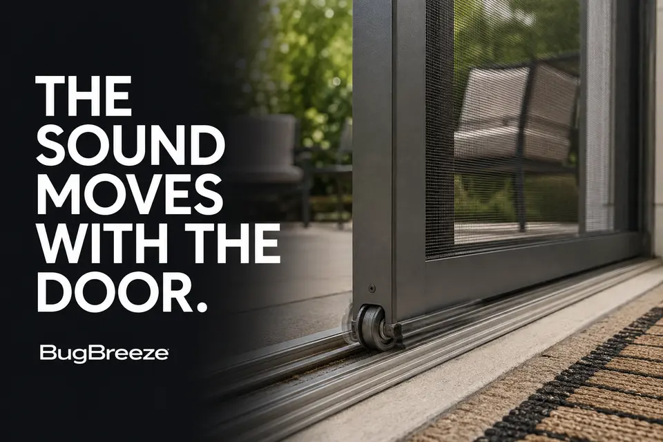 Sliding screen door producing a mechanical sound while traveling along its lower track.