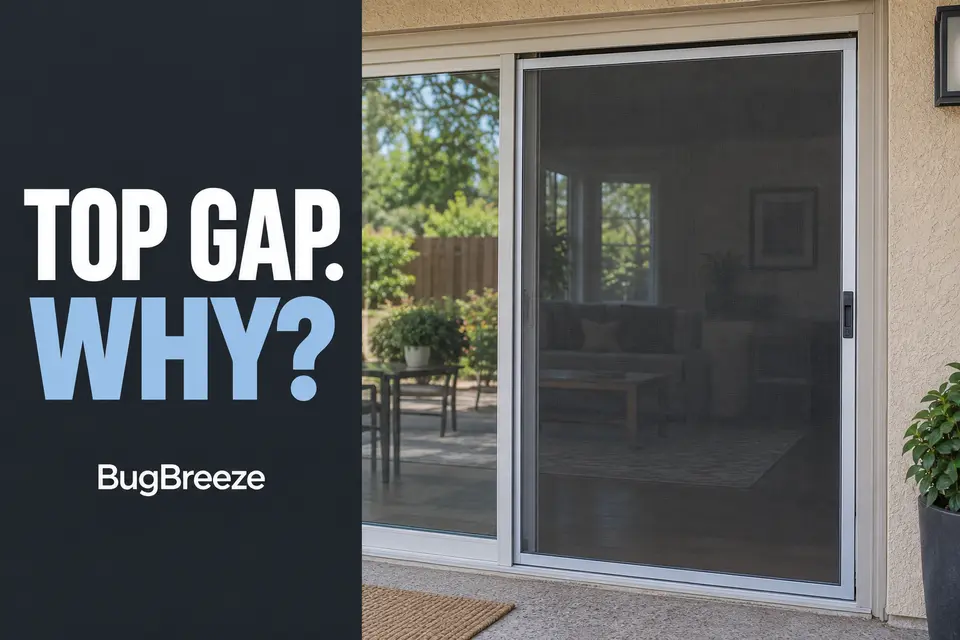 Closed sliding screen door with a visible gap along its top edge.
