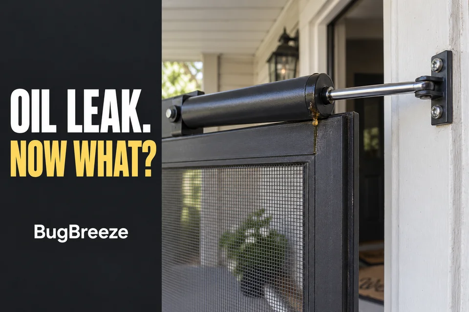 Small oil bead at the rod-entry end of an installed hydraulic screen-door closer.