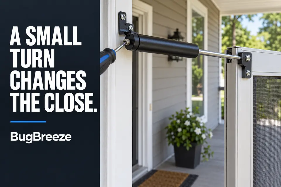 Pneumatic screen door closer prepared for a small closing-speed adjustment.