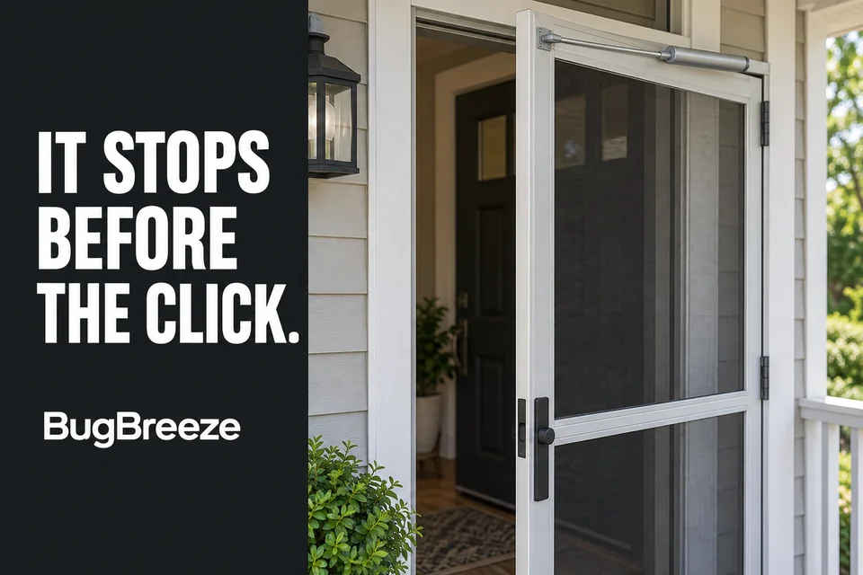 Hinged screen door resting just short of the latch with its pneumatic closer installed.