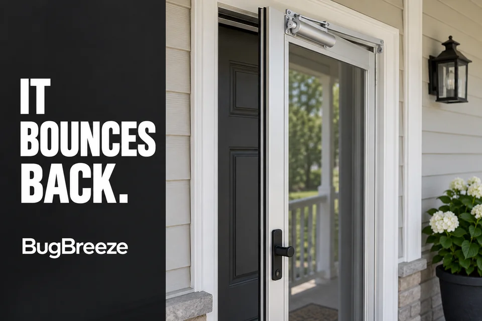 Glazed storm door slightly open in front of a closed primary entry door, with its pneumatic closer installed.