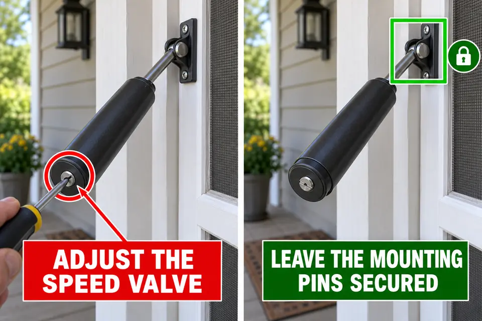 The closer’s speed valve is distinguished from its secured mounting pin and bracket.