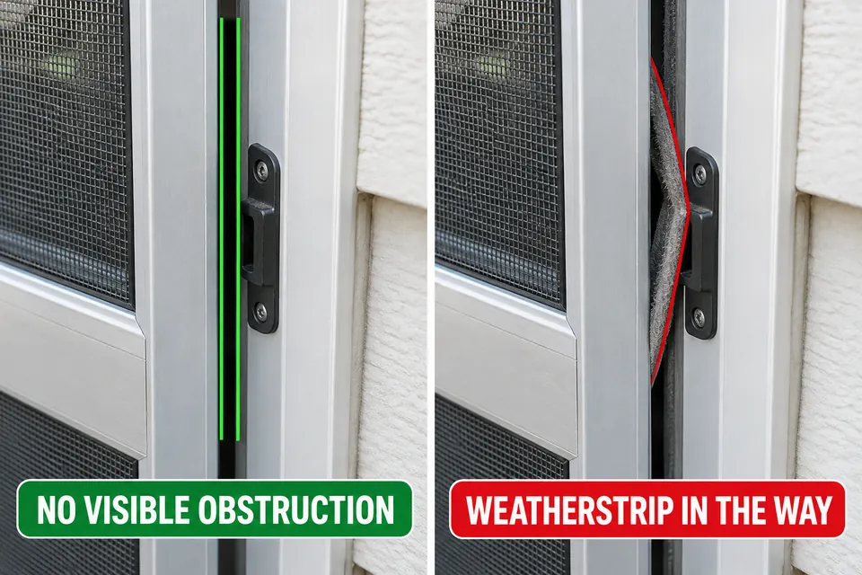 Clear screen-door closing gap compared with folded weatherstripping obstructing the same contact area.