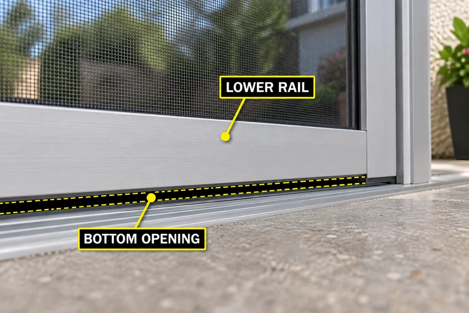 Lower rail and continuous bottom opening highlighted above a sliding screen door’s track.