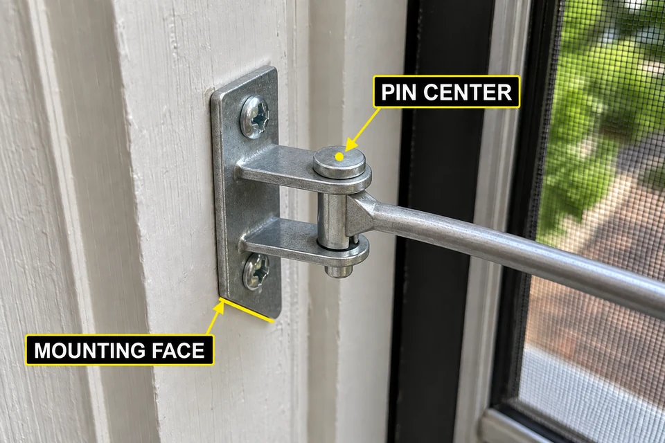 Separate labels identify the bracket’s mounting face and pivot-pin center as measurement references.