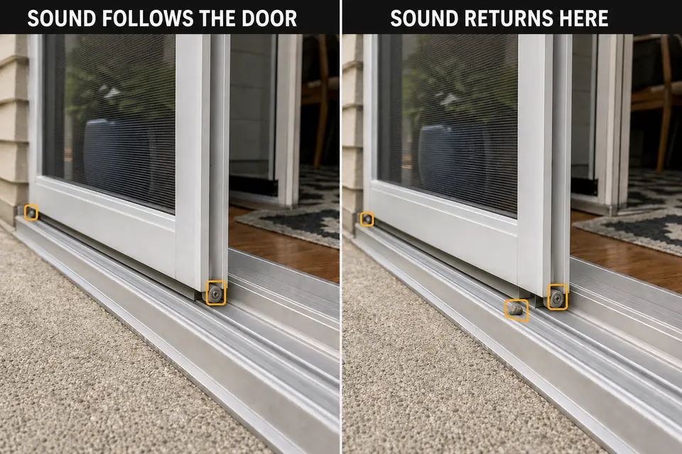 Noise following a screen-door roller compared with noise returning at one fixed track point.
