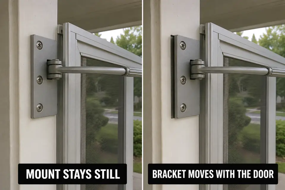 Stable screen-door closer bracket compared with a bracket shifting away from its mounting surface.