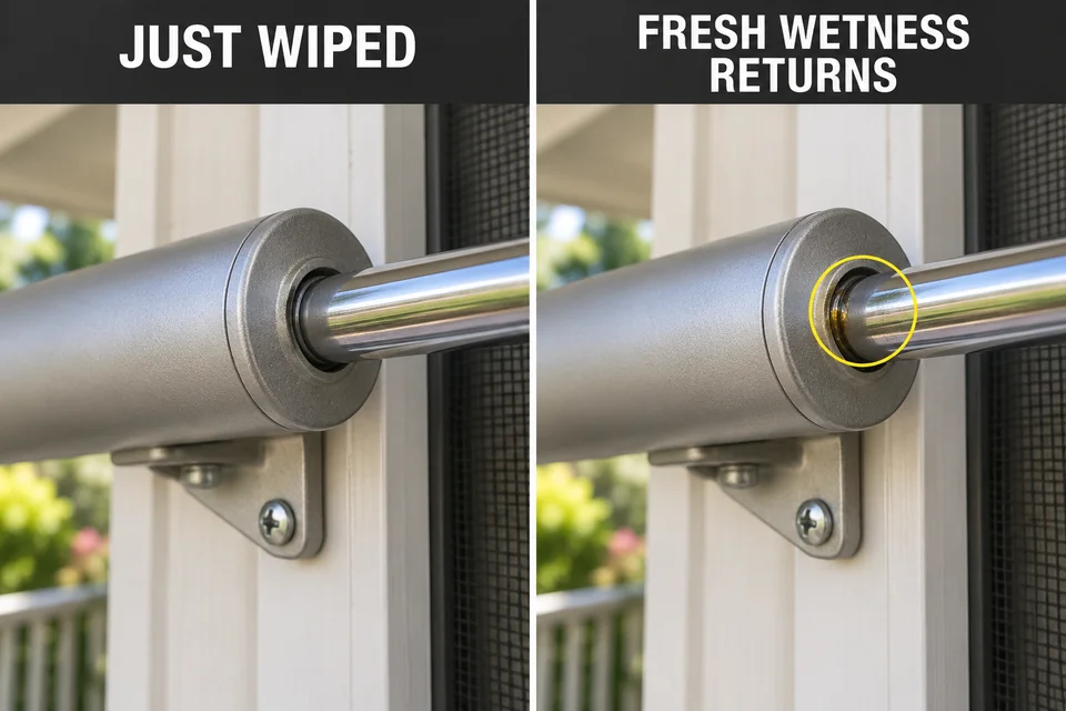 The same hydraulic closer rod-entry area just after wiping and with a fresh oil bead visible again.