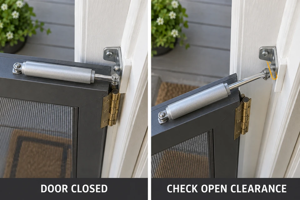 The same closer with the door closed and partly open, showing clearance checks near the surrounding trim.