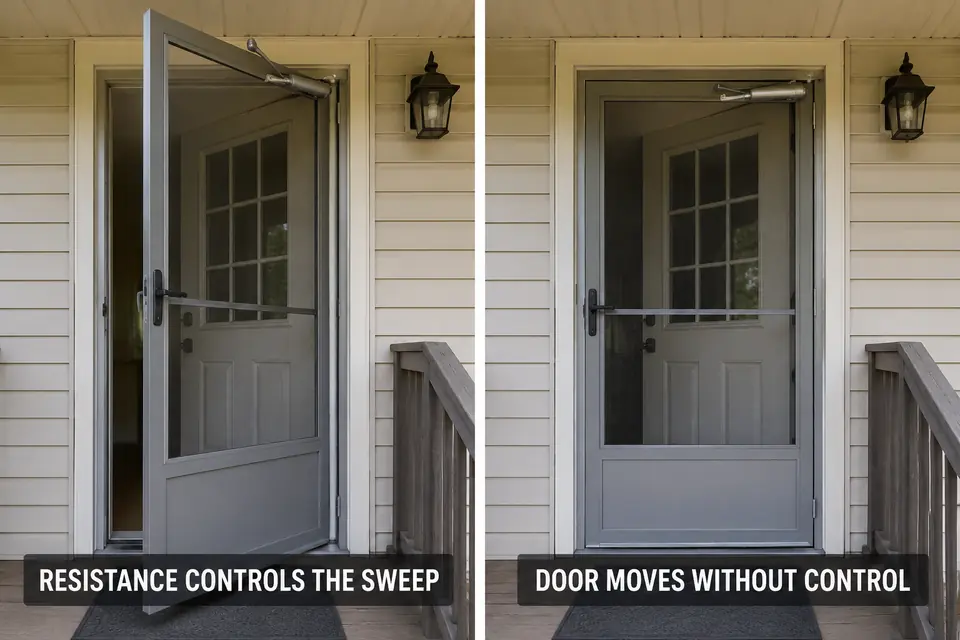 Same screen door remaining controlled by its closer versus moving nearly shut after resistance is lost.
