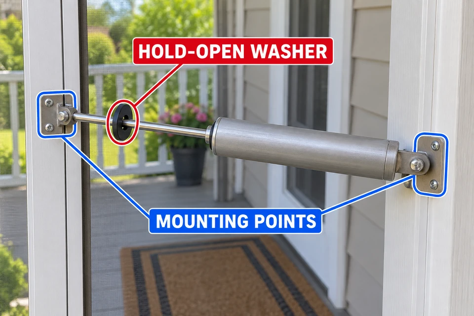 Hold-open washer and mounting points highlighted on an installed pneumatic screen-door closer.