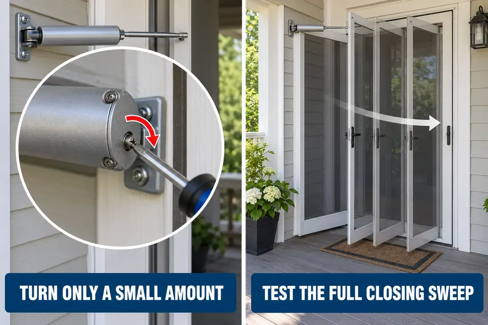 A small speed-valve turn is followed by a complete hands-off door-closing test.