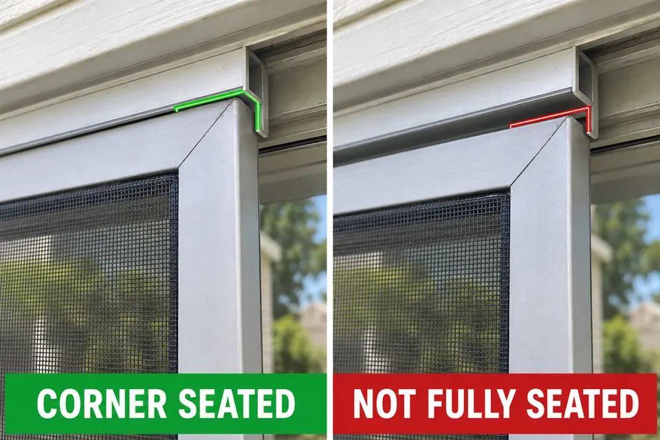 Sliding screen door upper corner properly seated compared with one sitting below its guide.